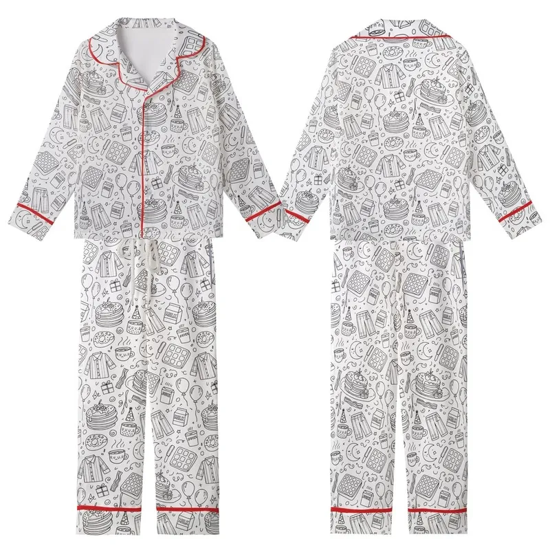 Breakfast Lovers' Whimsical Black Outline Coloring Book Doodle Breakfast & Birthday Party Pattern Kid Satin Pajamas Set - XaIOyEG4EB