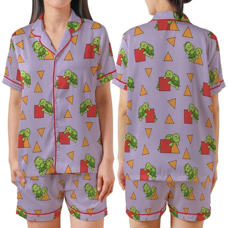 Whimsical Style Lovers' Lavender Purple Cartoon Turtle Geometric Pattern with Lime Green Turtles & Red Squares Orange Triangles Satin Short-Sleeve Pajamas Set - Zjx-vy3bEB