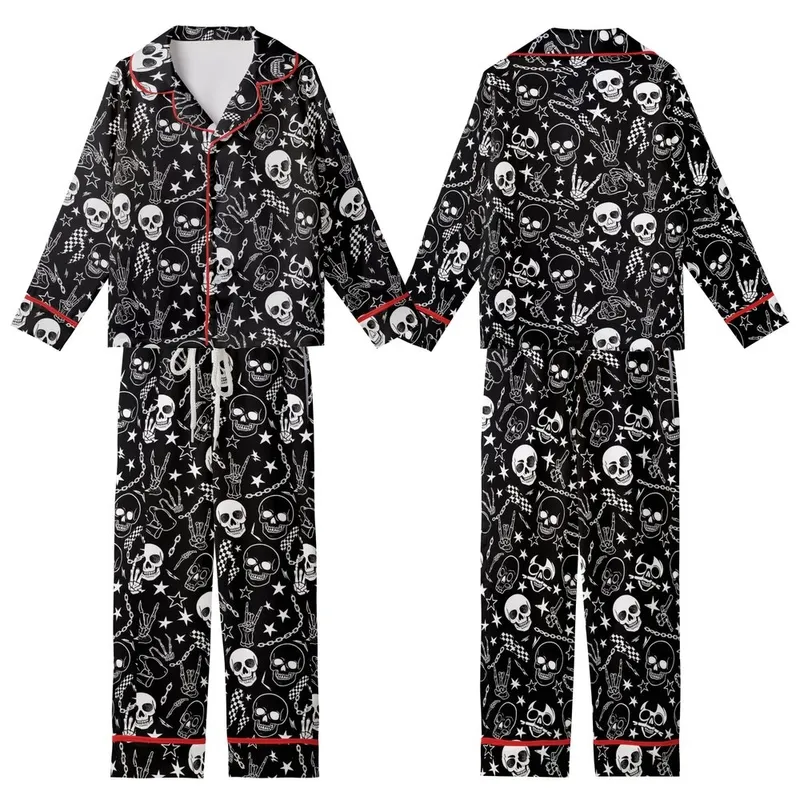 Alt Style Enthusiasts' Black White Illustrative Skull Skeleton Hands Rock Gesture Grunge Pattern Kid Satin Pajamas Set - 1