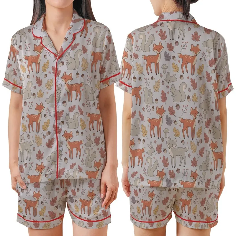 Whimsical Style Adorers' Cute Autumn Woodland Animals Flat Graphic on Pale Lavender-Grey with Terracotta Ochre Dusty Rose Leaves Satin Short-Sleeve Pajamas Set - 1