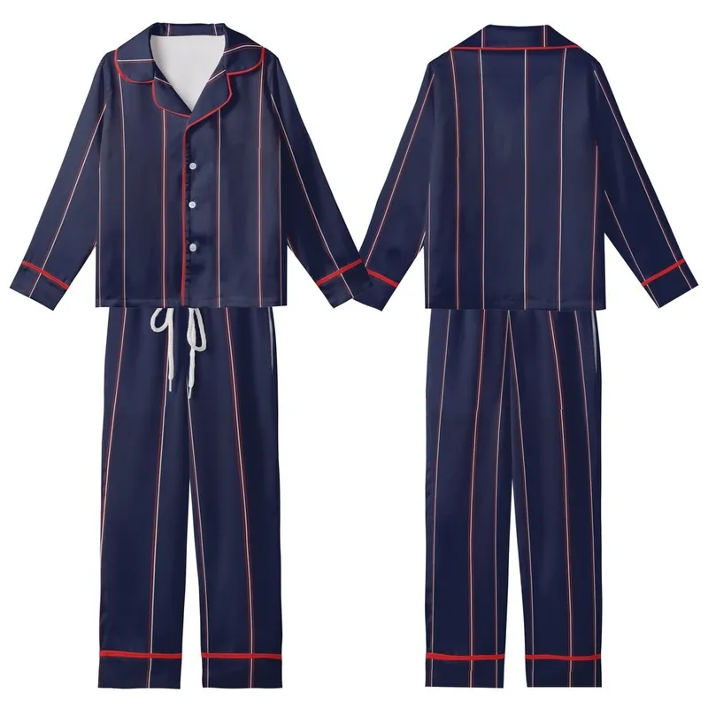 Modern Aesthetic Lover's Geometric Deep Navy Wide Vertical Stripes with Red-Maroon White Pinstripes Kid Satin Pajamas Set - 1