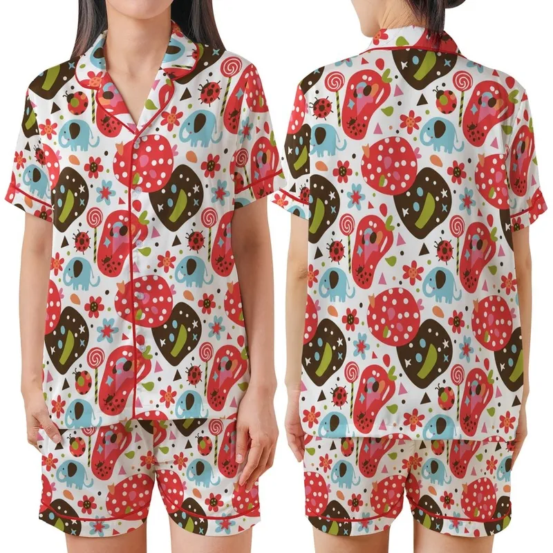 Whimsical Style Lovers' Playful Doodle Elephants, Polka Dot Mushrooms, Flowers Pattern: Red, Brown, Sky Blue, Pink Satin Short-Sleeve Pajamas Set - 1