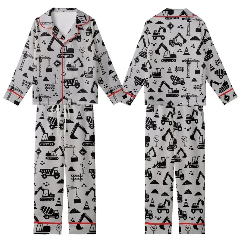 Construction Lover: Dynamic Black Heavy Machinery Pattern - Light Grey Flat Design Motif Kid Satin Pajamas Set - 1