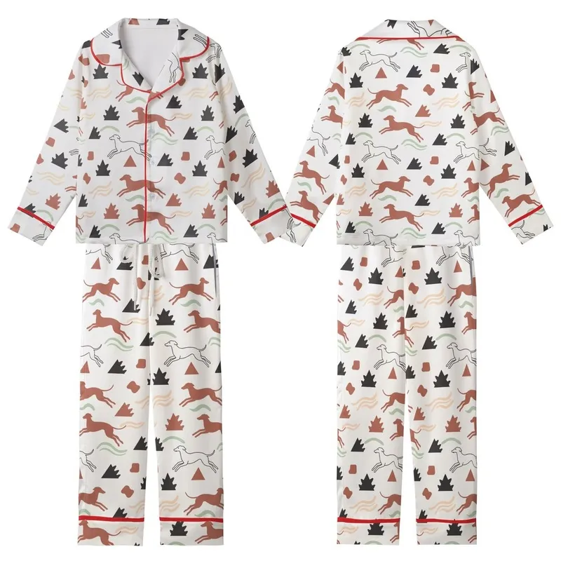 Dog Lovers' Whimsical Whippet Geometric Dino Spike Muted Red-Brown Espresso Pattern Kid Satin Pajamas Set - TO0SFe-Qzp
