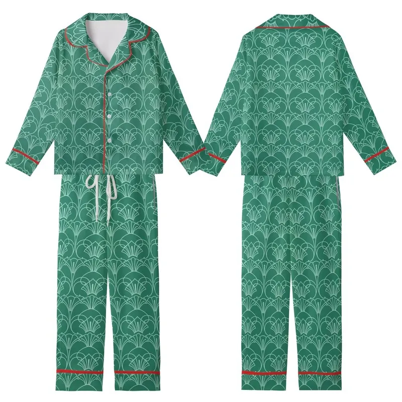 Women's Emerald Velvet Kimono Style Art Deco Geometric Teal Pattern Loungewear Sleep Set Kid Satin Pajamas Set - 1