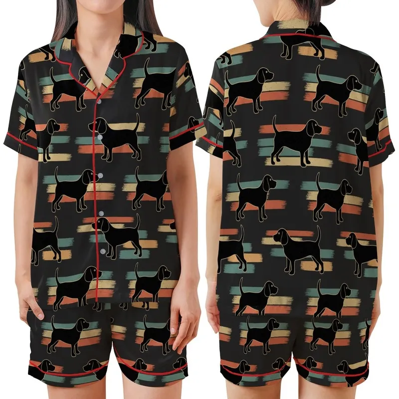Beagle Lover Pajamas: 'Less People More Beagles' Distressed Retro Black Dog Sleep Top Satin Short-Sleeve Pajamas Set - 1