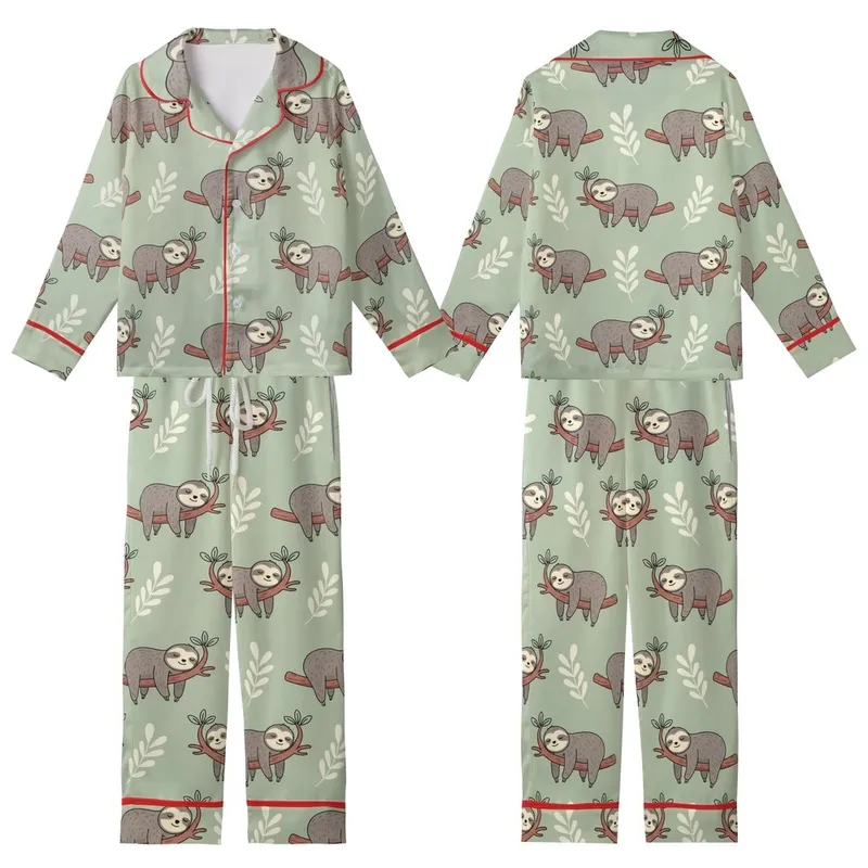 Adult Personalized Sloth Pajama: Funny Cartoon Sage Green Leaf Print Loungewear Kid Satin Pajamas Set - 1