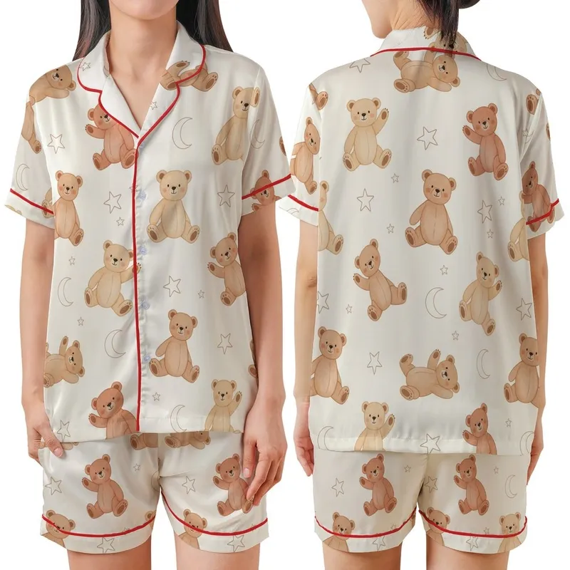 Women's Muslin Crinkle Cotton Sleep Set: Hand-Drawn Teddy Bears, Stars & Moons Satin Short-Sleeve Pajamas Set - 1