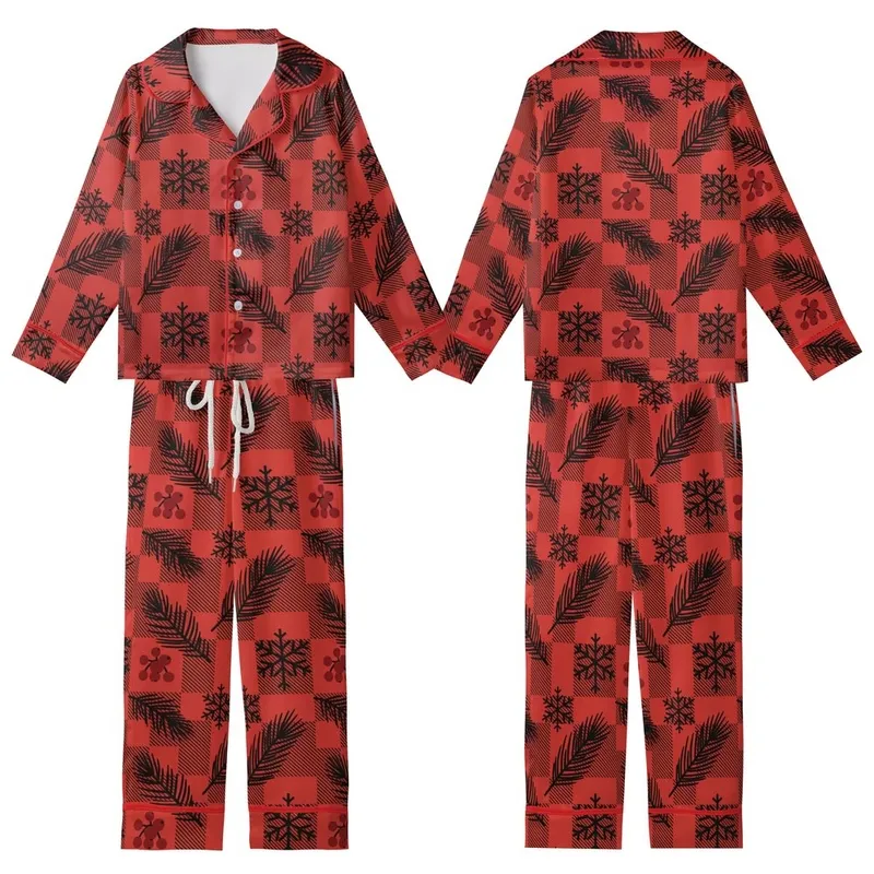 Rustic Lodge Enthusiasts' Bold Red Black Buffalo Plaid Pine Branch Berry Snowflake Flat Graphic Kid Satin Pajamas Set - 1