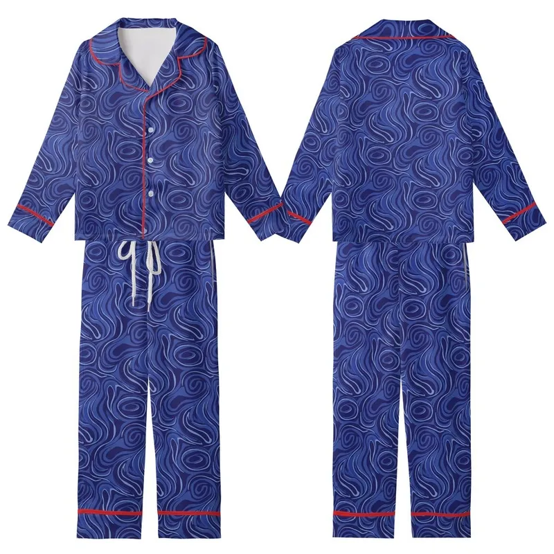 Ladies' Royal Blue Velvet Pajamas: Cobalt Organic Flowing Pattern Long Jacket Set Kid Satin Pajamas Set - tMsMHdpUPK