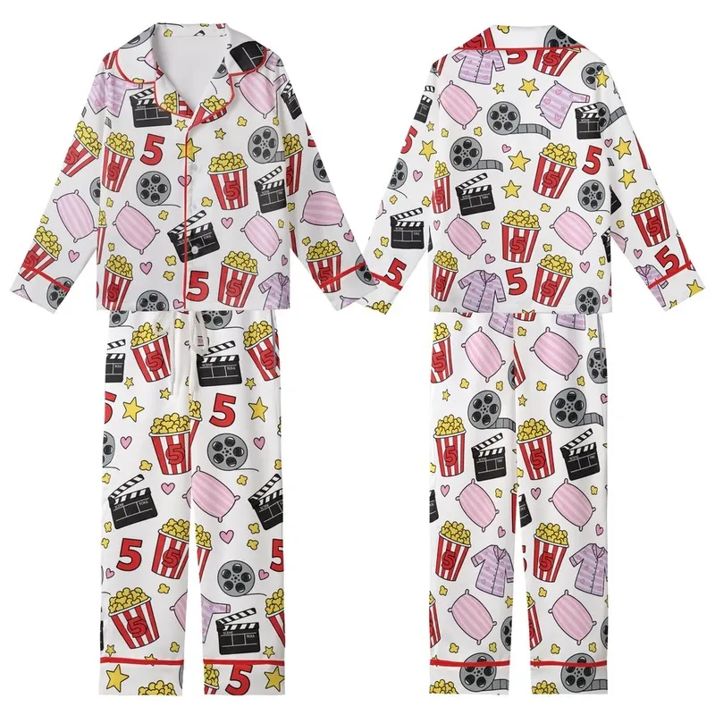 Girls Movie Night Pajamas: Popcorn & PJs Birthday Slumber Set Kid Satin Pajamas Set - 1