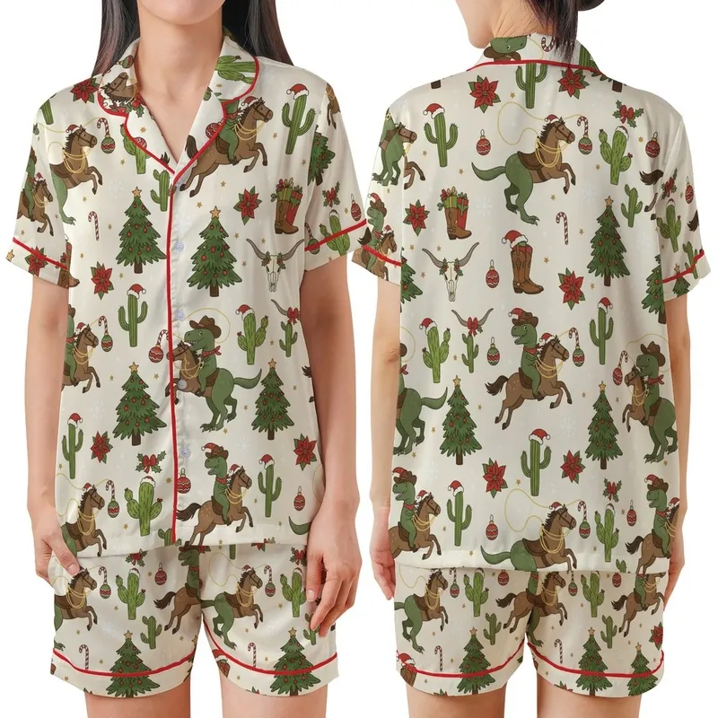 Dinosaur Lover: Playful Cowboy T-Rex Christmas - Cactus, Poinsettia & Candy Cane Pattern Satin Short-Sleeve Pajamas Set - 0uLzGD3M7a