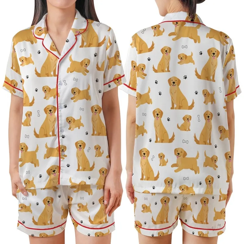 Golden Retriever Dog Lover's Cheerful Puppy & Adult Vector Pattern Soft Sleepwear Ensemble Satin Short-Sleeve Pajamas Set - B5vhmETFCi
