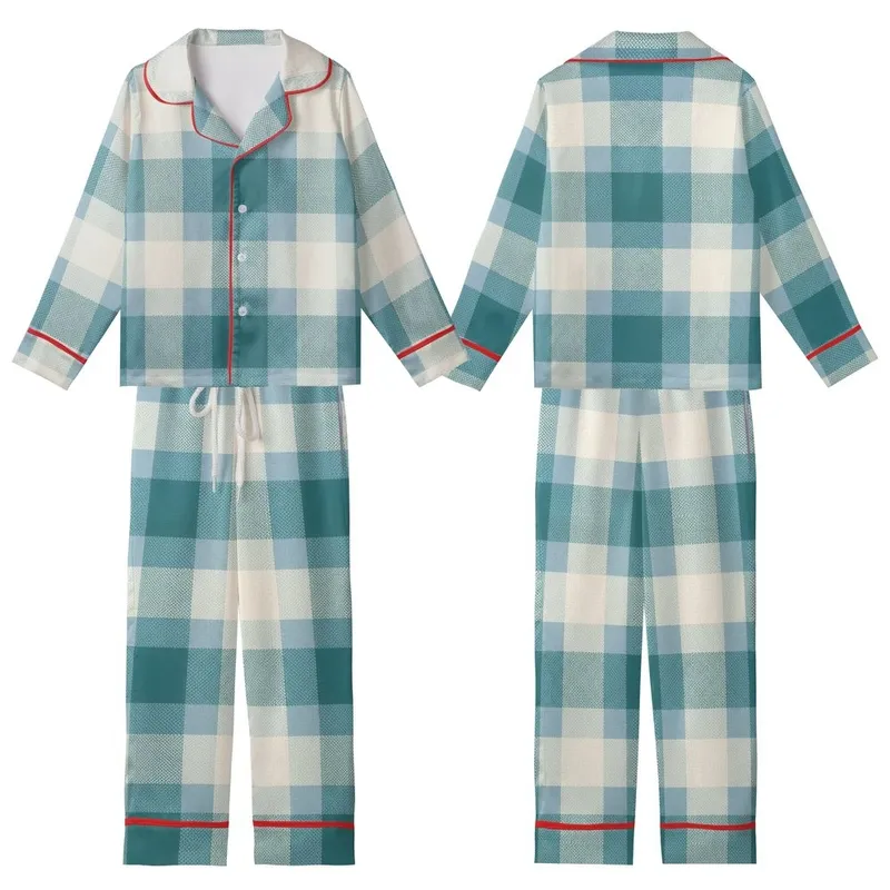 Cozy Style Enthusiasts Muted Sky Blue Buffalo Check and Gingham Plaid Pattern with Teal and Creamy Off-White Kid Satin Pajamas Set - 1