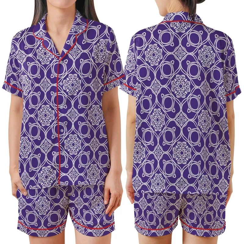 Women's Sophisticated Royal Purple White Dense Repeating Curvilinear Floral Medallion Satin Short-Sleeve Pajamas Set - z3D3iN1BKL