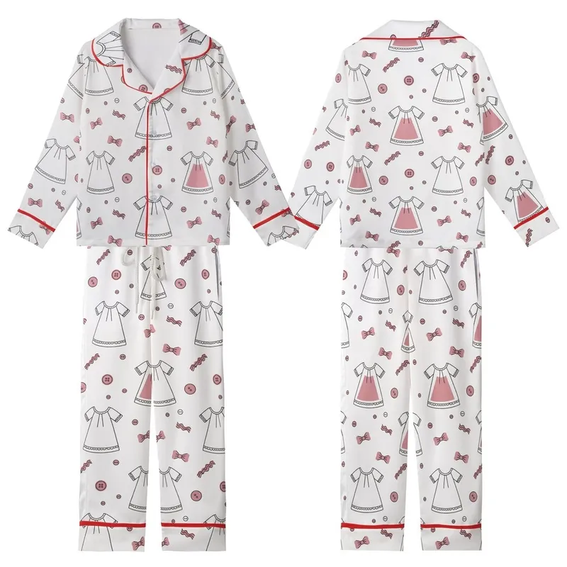 Girls' Playful Line Art Pajama Set: Minimalist Bow & Button Dusty Pink Nightwear Motif Kid Satin Pajamas Set - 1