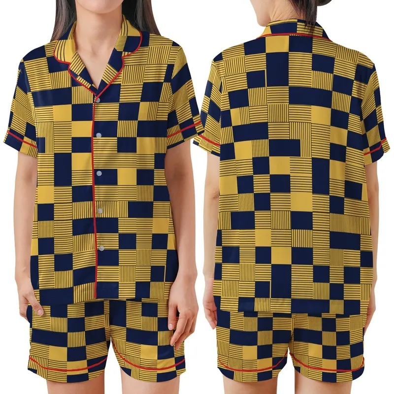 Modern Enthusiasts Deep Navy Golden Yellow Geometric Rectangular Square Tessellation Striped Gold Accents Satin Short-Sleeve Pajamas Set - 1