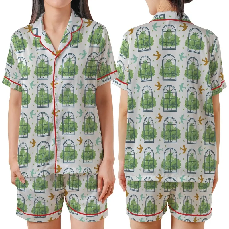 Nature Lovers' Gentle Illustrative Muted Blue-Grey Arched Window Pattern, Green Foliage, Aqua Teal & Ochre Birds Satin Short-Sleeve Pajamas Set - 4H6REjmhnh
