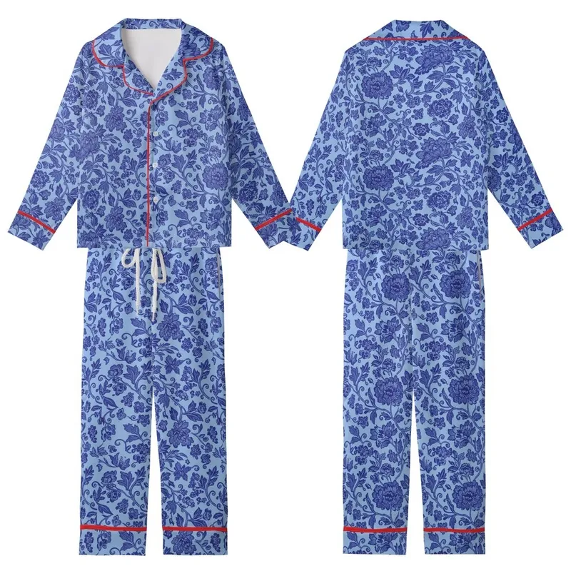 Women's Vintage Chinoiserie Indigo Cobalt Blue Peony Vine Floral Tapestry Kid Satin Pajamas Set - 1