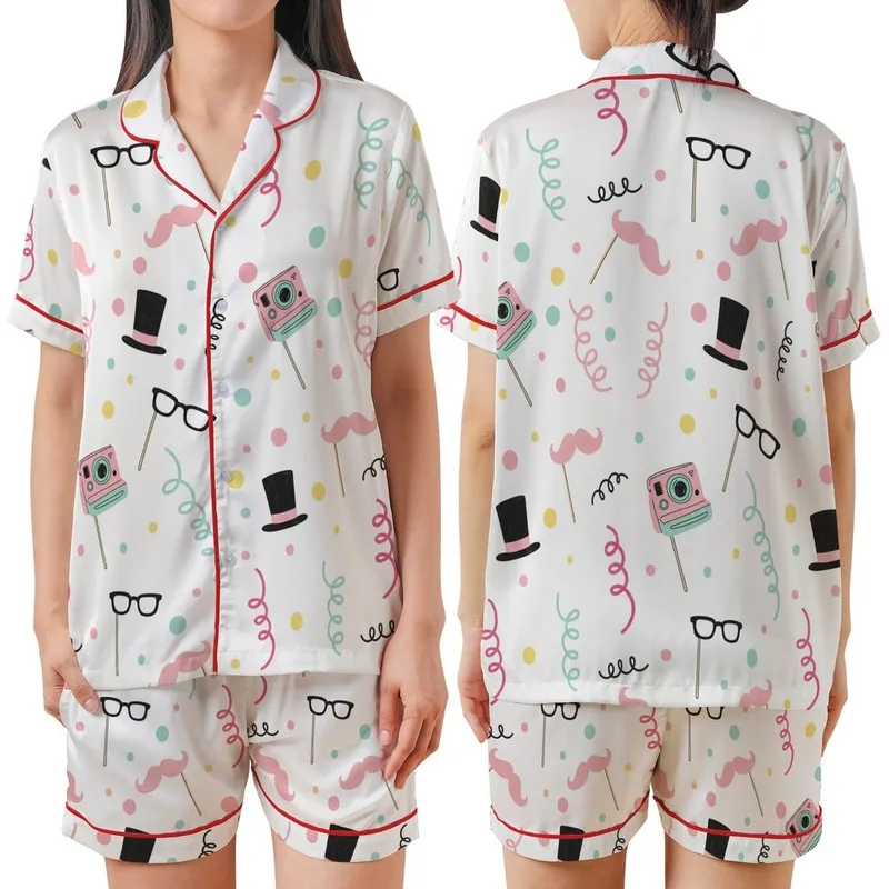 Pajama Party Whimsical Sleep Set: Photo Booth Props, Confetti & Streamers Print Satin Short-Sleeve Pajamas Set - 1