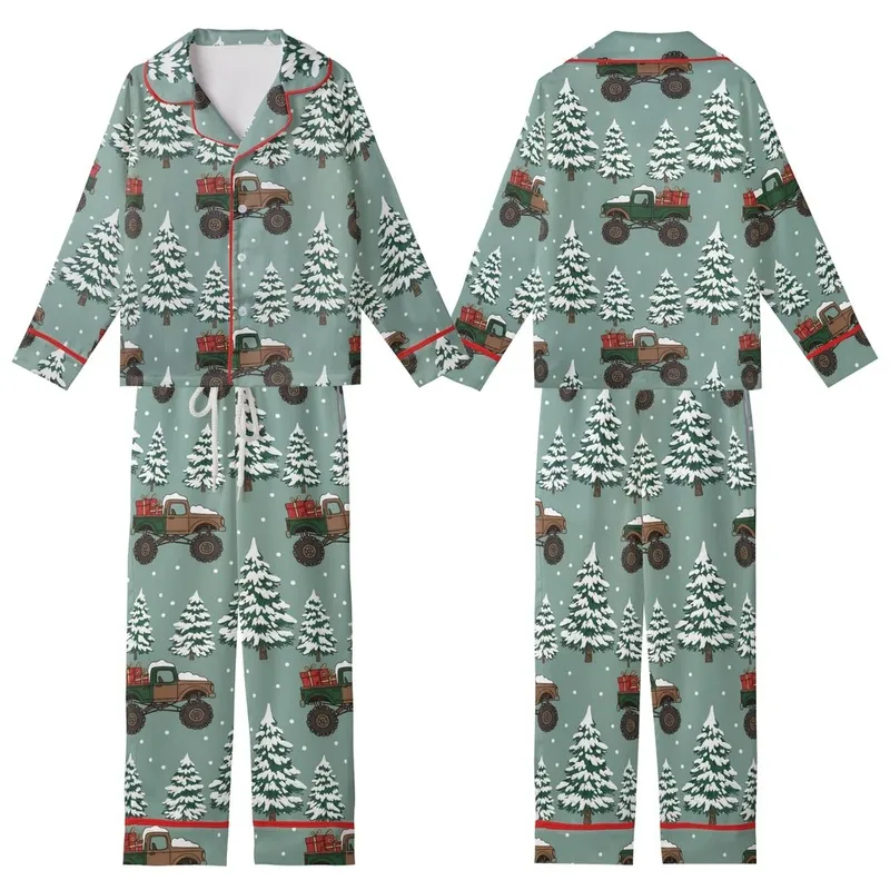 Christmas Fans' Muted Teal Rustic Illustrative Monster Truck Snowy Pine Tree Pattern Kid Satin Pajamas Set - 1