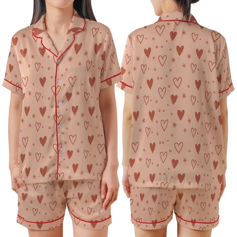 Women's Muted Peach Pink Hearts & Stars Terracotta Print Classic Collar Pajama Set Satin Short-Sleeve Pajamas Set - 1