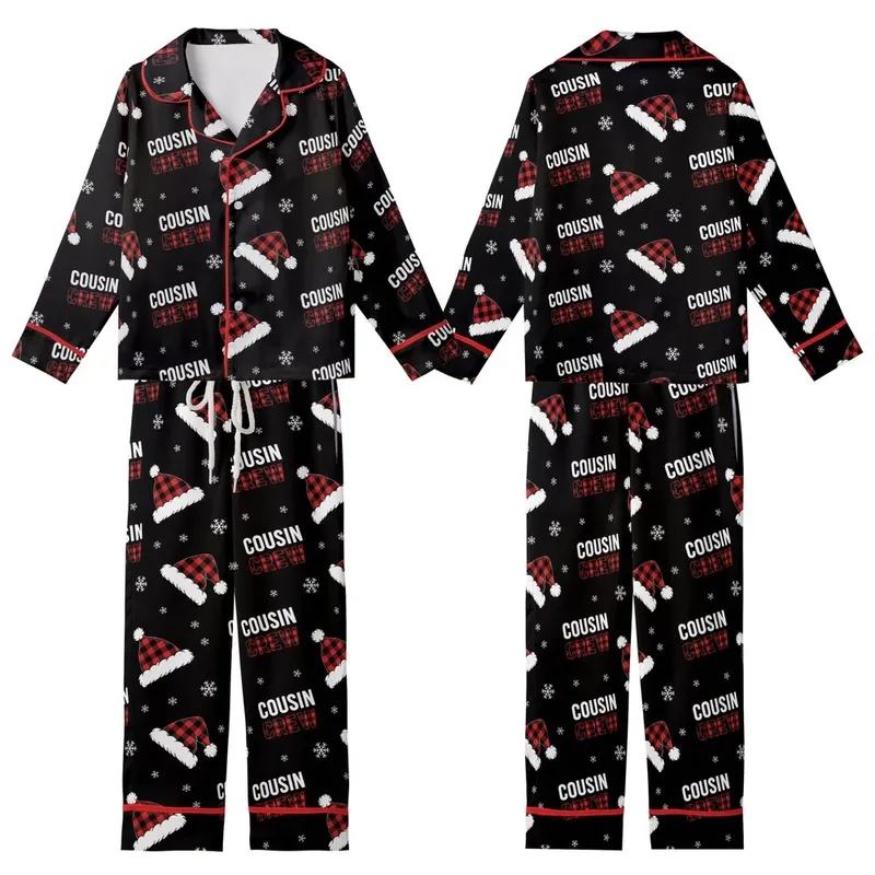 Cousin Crew Holiday Buffalo Plaid Santa Hat Snowflake Sleepwear Kid Satin Pajamas Set - 1