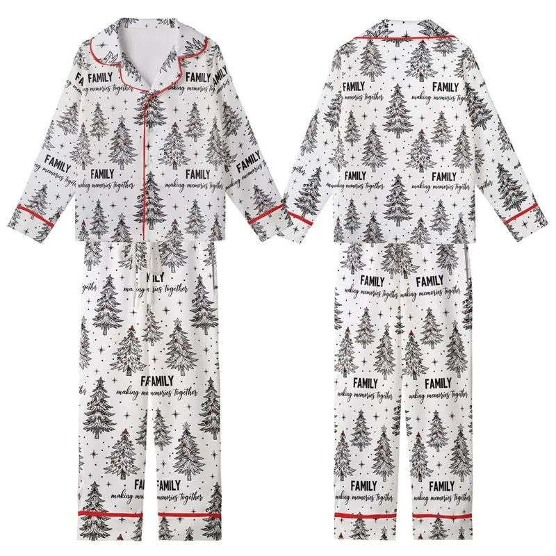 Family Christmas: Hand-Sketched Rustic Tree Pattern – Vintage Pen & Ink Wearable Art Kid Satin Pajamas Set - 1