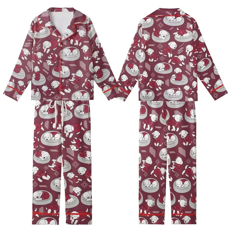 Dogs & Cats Ruby Red Satin Pajamas: Cozy Fluffy Puppy Vector Art Sleep Set Kid Satin Pajamas Set - 1