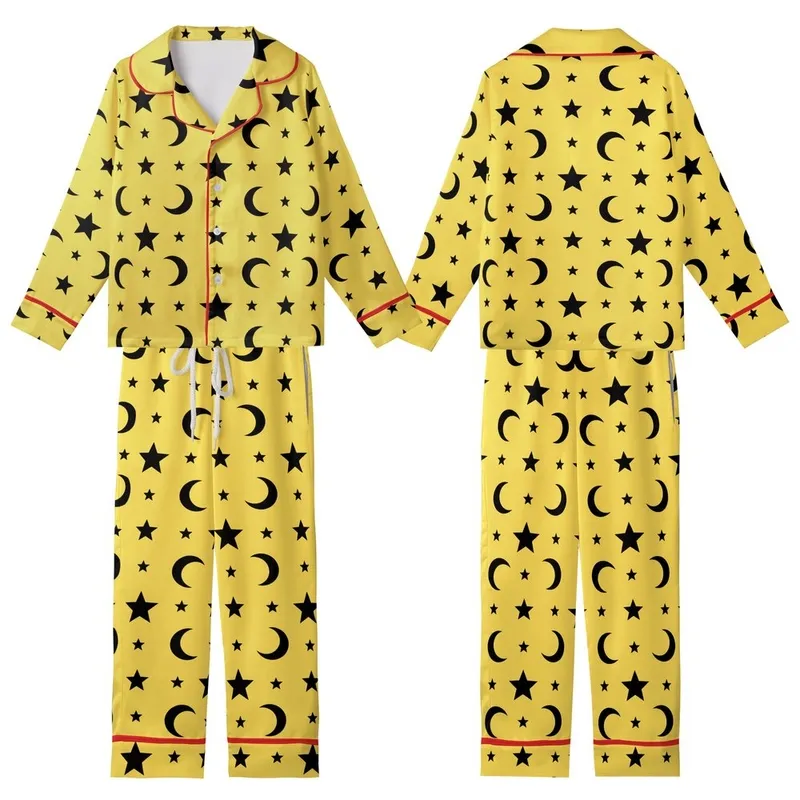 Celestial Enthusiast: Vibrant Lemon Yellow Black Star Moon Seamless Graphic Fashion Accent Kid Satin Pajamas Set - KtLMv3V81v