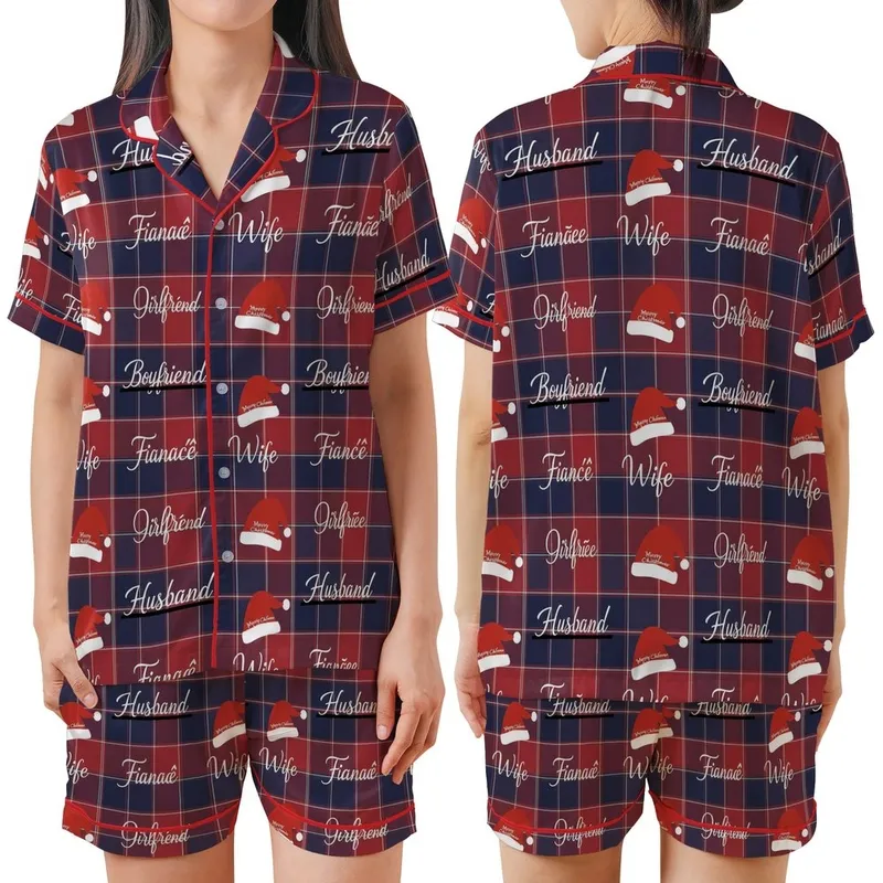 Spouses' Traditional Red Blue Plaid Christmas Design with Husband Wife Script & Santa Hats Satin Short-Sleeve Pajamas Set - 1
