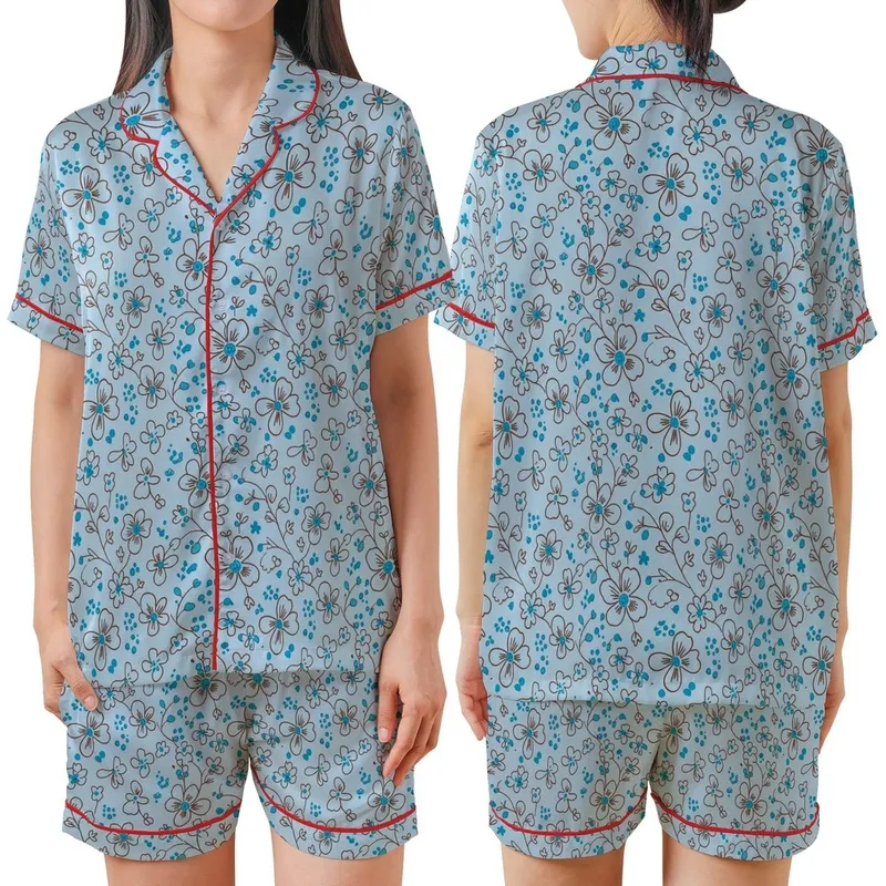 Nature Lovers' Powder Blue Delicate Floral Vine Chocolate Brown Cyan Botanical Pattern Satin Short-Sleeve Pajamas Set - 1