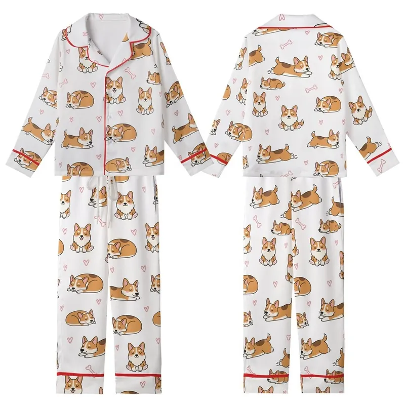 Corgi Lovers' Christmas Pajamas: Playful All-Over Cartoon Corgi Print & Pink Hearts - Polyester Spandex Sleep Set Kid Satin Pajamas Set - 1