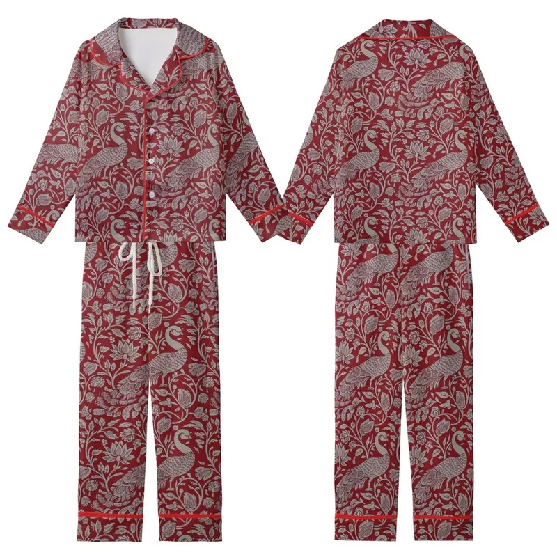 Women's Long Indian Block Print Pajama Set: Crimson Peacock & Botanical Organic Cotton Sleepwear Kid Satin Pajamas Set - kLgdD-Wp96
