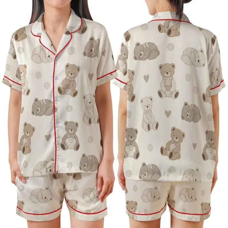 Cozy Dreamer's Fuzzy Teddy Bear Pajamas: Hand-Drawn Crochet Style Pattern - Sleep Set Satin Short-Sleeve Pajamas Set - 1