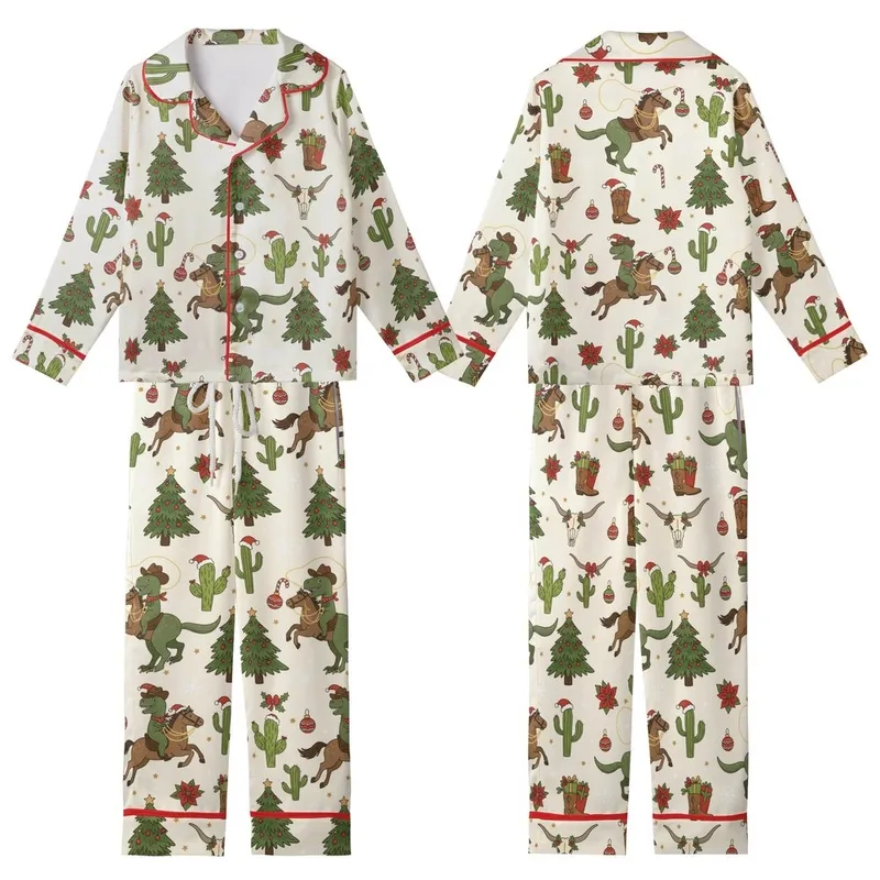 Dinosaur Lover: Playful Cowboy T-Rex Christmas - Cactus, Poinsettia & Candy Cane Pattern Kid Satin Pajamas Set - pX3qDvy7QC