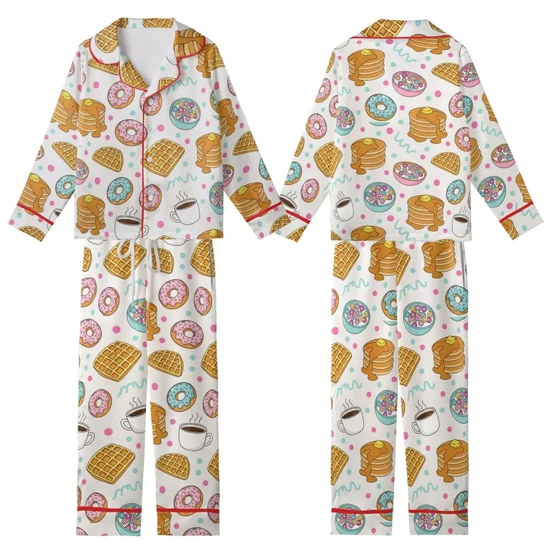 Pancakes & Pajamas Whimsical Golden Breakfast Food & Aqua Pink Confetti Pattern Sleep Set Kid Satin Pajamas Set - IBwrYagNHI