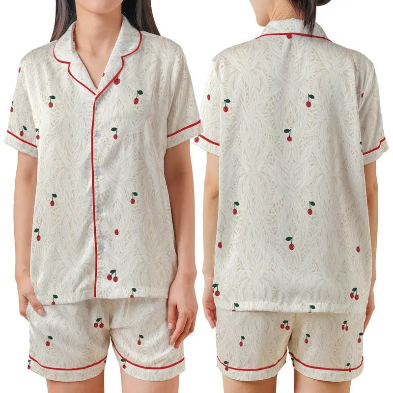 Cozy Loungers' Intricate Cream Cable Knit & Scattered Red Cherry Print Fleece Sleep Set Satin Short-Sleeve Pajamas Set - 1