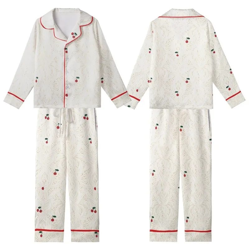 Cozy Loungers' Intricate Cream Cable Knit & Scattered Red Cherry Print Fleece Sleep Set Kid Satin Pajamas Set - 1