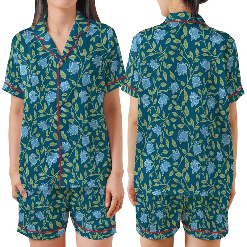 Women's Floral Cotton Sleep Set: Indian Teal Bell Flower Block Print Loungewear Satin Short-Sleeve Pajamas Set - trAD7QbGcy