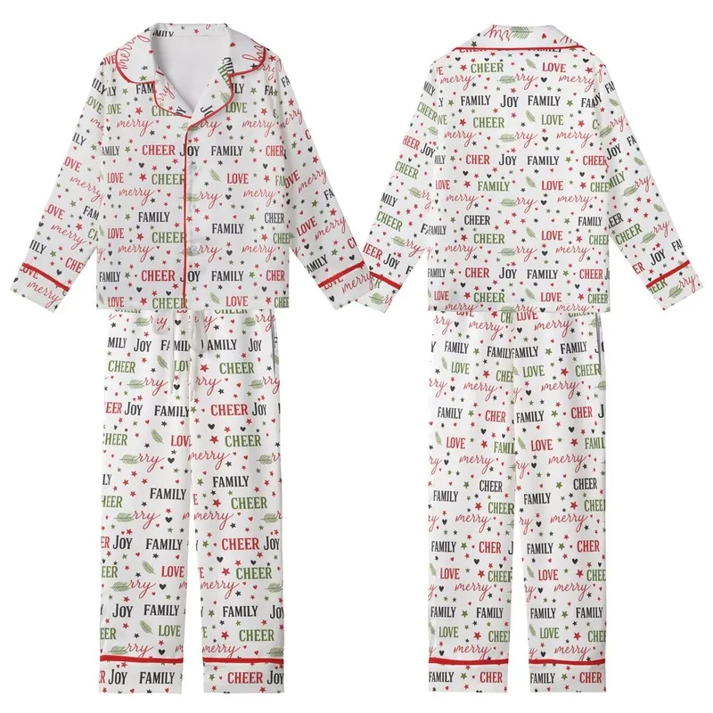 Holiday Enthusiasts' Festive Script Bold Serif Words Minimalist Icons Red Green Black White Pattern Kid Satin Pajamas Set - 1