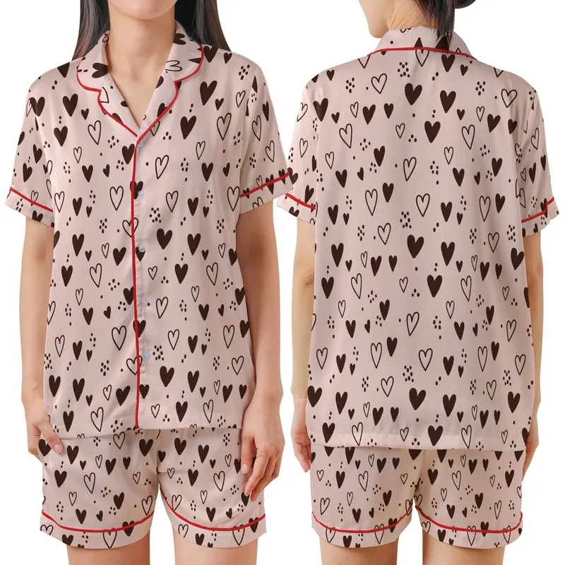 Women's Pajama Set: Playful Pastel Pink Hearts & Dark Brown Dots Sewing Project Satin Short-Sleeve Pajamas Set - 1
