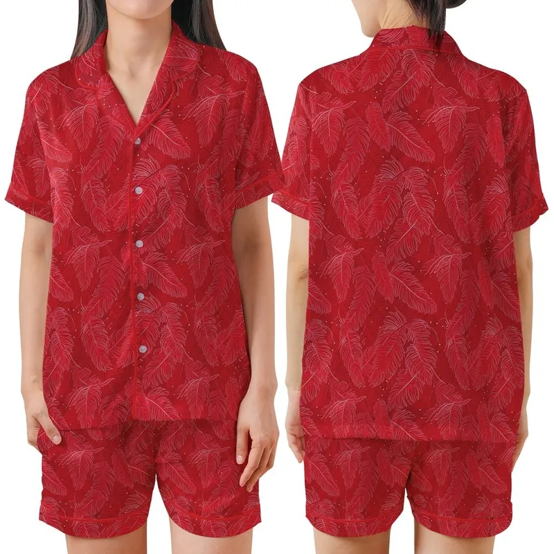 Women's Vibrant Red Ostrich Feather Trim & Plume Pattern Luxurious Sleep Set Satin Short-Sleeve Pajamas Set - 1