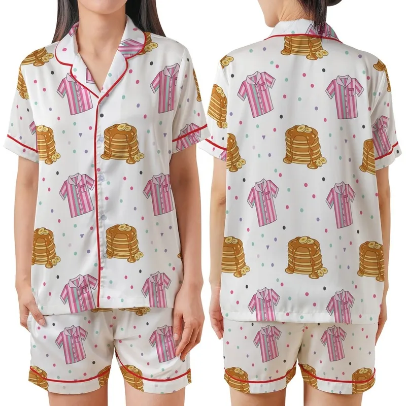 Pancakes & Pajamas Whimsical Golden Stacks, Amber Syrup & Pink Striped Sleep Set Satin Short-Sleeve Pajamas Set - 1