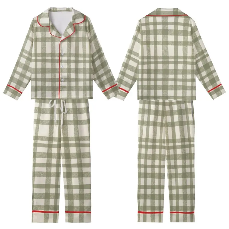 Women's Rustic Khaki Green Plaid Linen Comfort Ensemble Kid Satin Pajamas Set - 1
