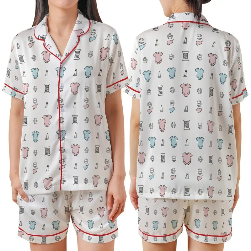 New Parents' Minimalist Romper & Sewing Motif Pattern Print Satin Short-Sleeve Pajamas Set - 1