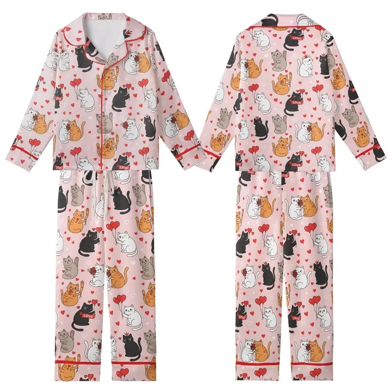 Cat Mom Women's Valentine Illustrative Cuddling Cats & Red Hearts Polyester Spandex Pajamas Set Kid Satin Pajamas Set - 1