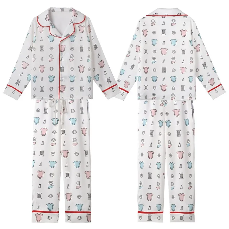 New Parents' Minimalist Romper & Sewing Motif Pattern Print Satin Short-Sleeve Pajamas Set - 1
