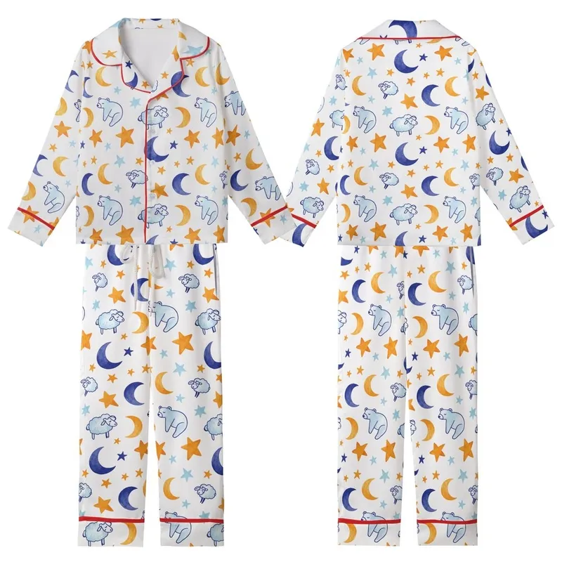 Dreamers' Seamless Whimsical Indigo Blue Moon Golden Star Sleeping Animals Pattern Kid Satin Pajamas Set - 1