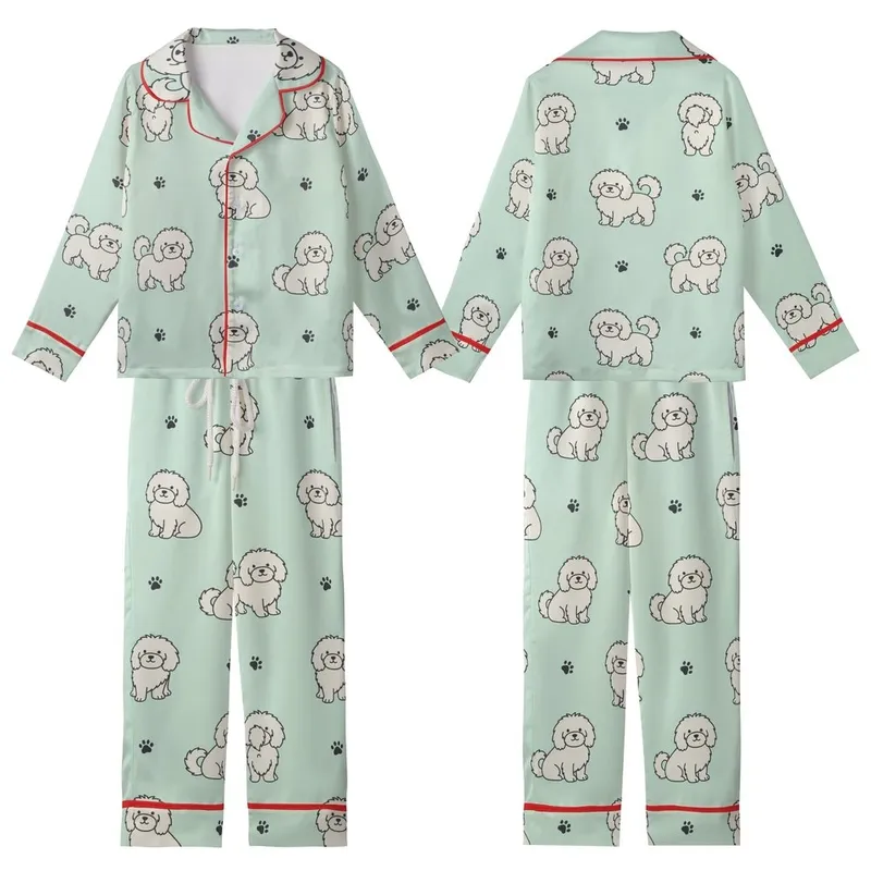 Dog Lovers' Minimalist Flat Art Fluffy Long-Haired Dog Seamless Pattern Mint Green Charcoal Off-White Kid Satin Pajamas Set - 1